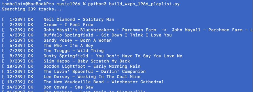 Terminal output of the successful run: numbered OK lines streaming past — Neil Diamond, Cream, Buffalo Springfield, The Troggs, and more.